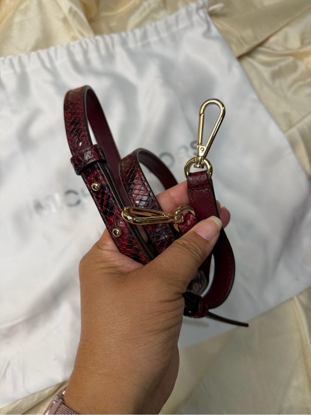 Michael Kors Rollins Small Snake-Embossed Leather Satchel Color Oxblood Burgundy - Picture 12 of 16